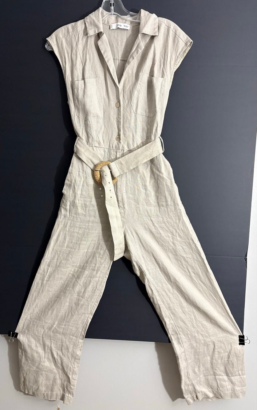 Mango MNG XXS Beige Linen Belted Wide Leg Utility Jumpsuit Romper
